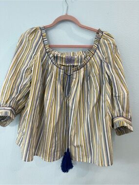 Striped Peasant Blouse with Tassel Tie in Yellow, Blue & Cream- Thierry Colson